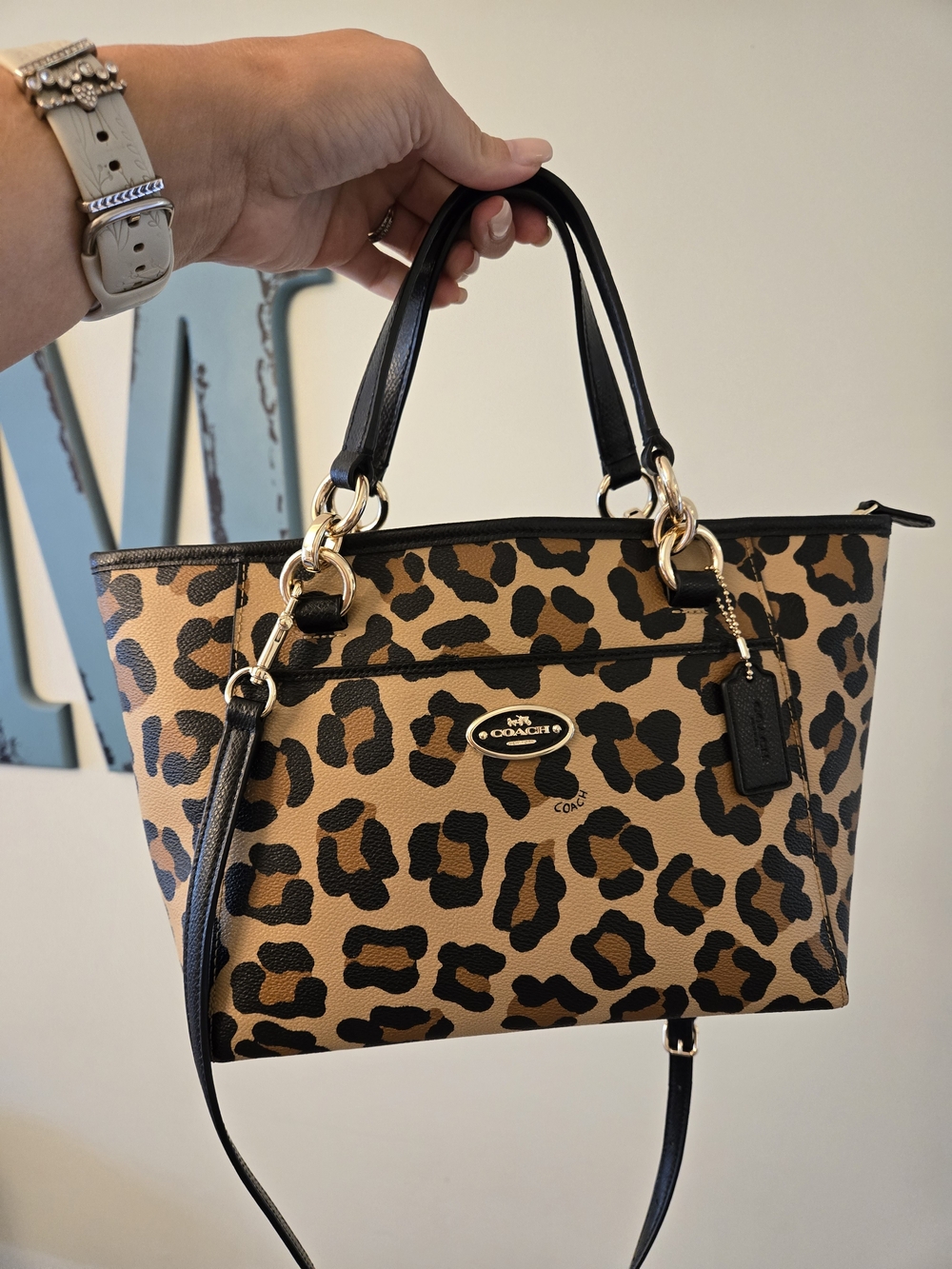 Coach Leopard-Print Leather Tote in Tan and Black with Gold Hardware